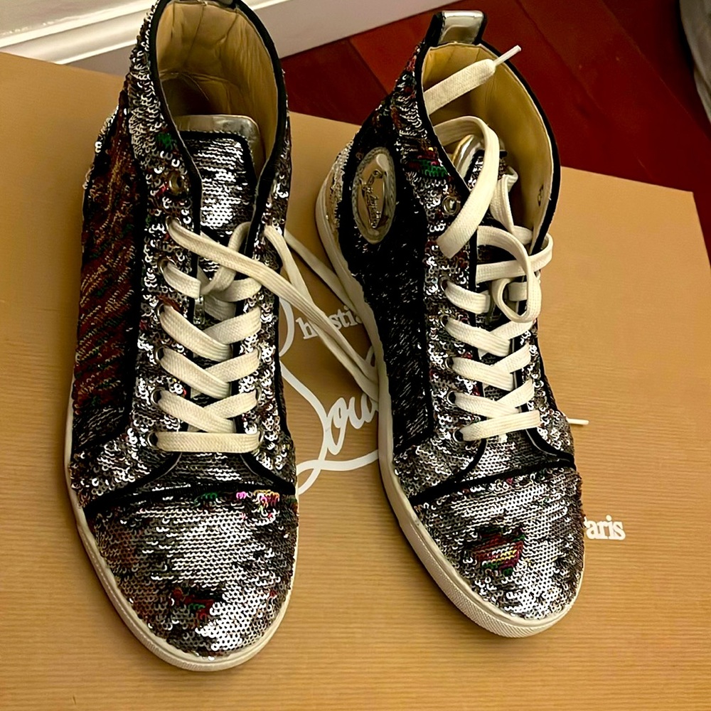Christian Louboutin high top silver printed sequin size 37
